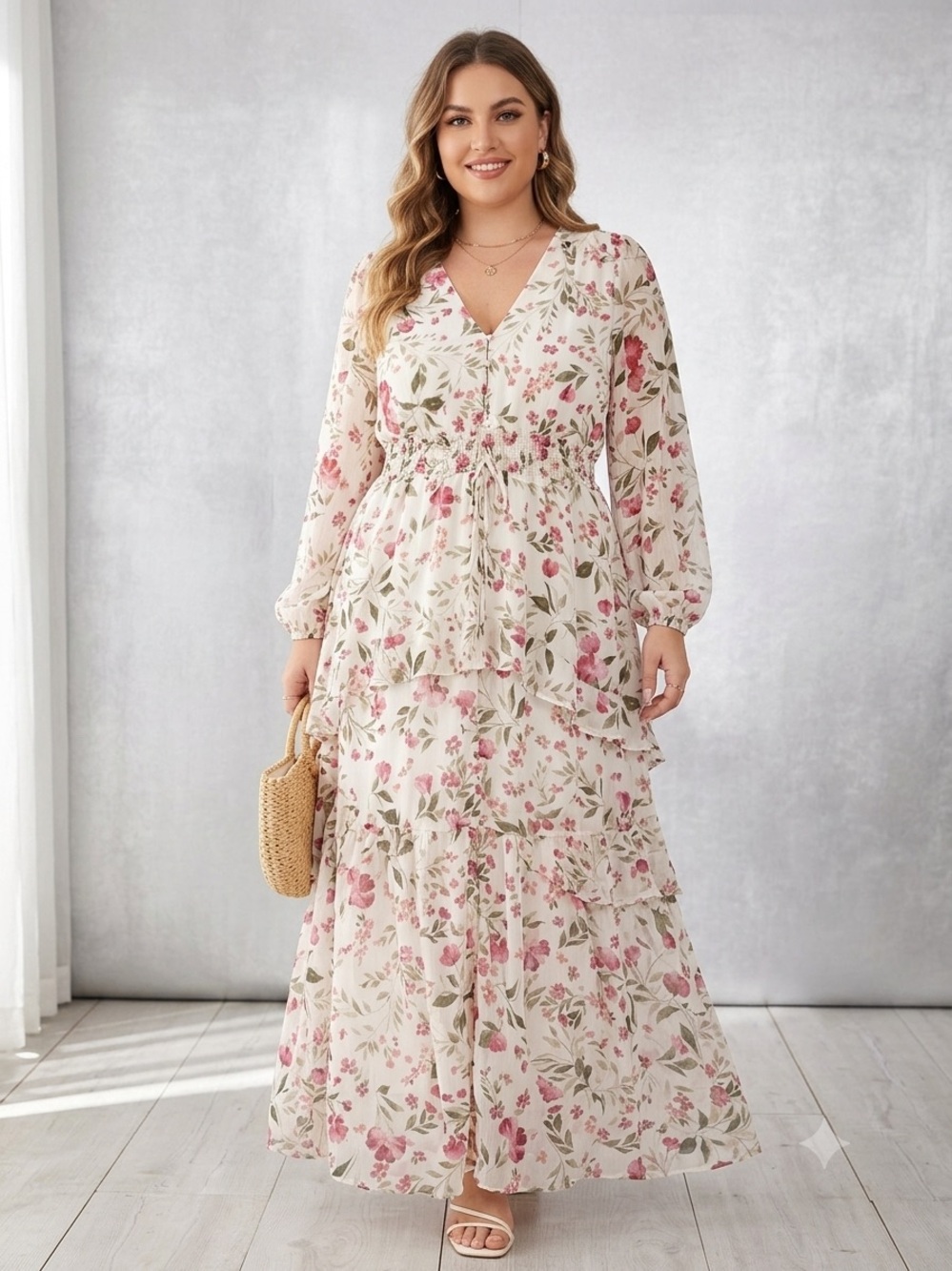 Haver&Blair Chiffon Floral Print Long Sleeve Tiered Maxi Dress Boho Fairly XL